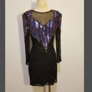 Black Sequin Sheer Long-Sleeve Dress Iridescent Purple Vintage 80s Party Wedding